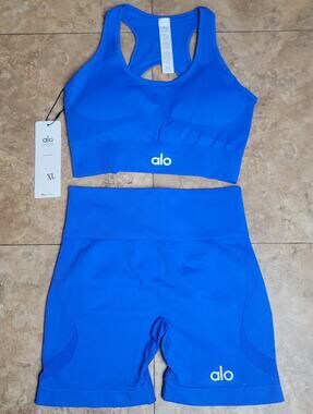 ALO Yoga Sz XL Racerback Sport Bra Biker Shorts Blue Athletic Activewear Gym Set